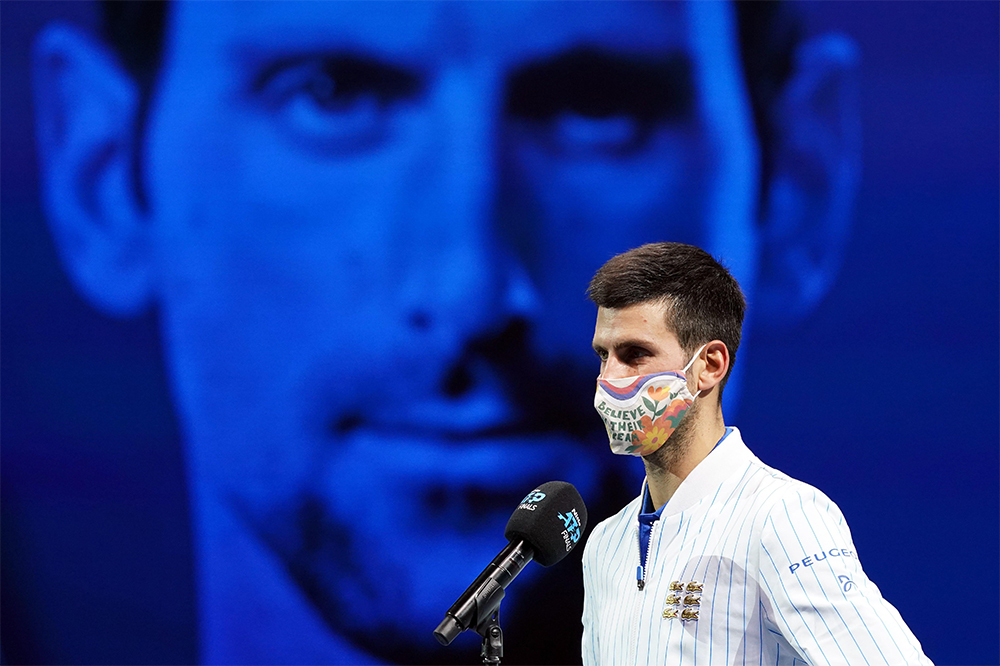 Novak Djokovic in a face mask during the ATP Finals in London (photograph by John Walton/Alamy)